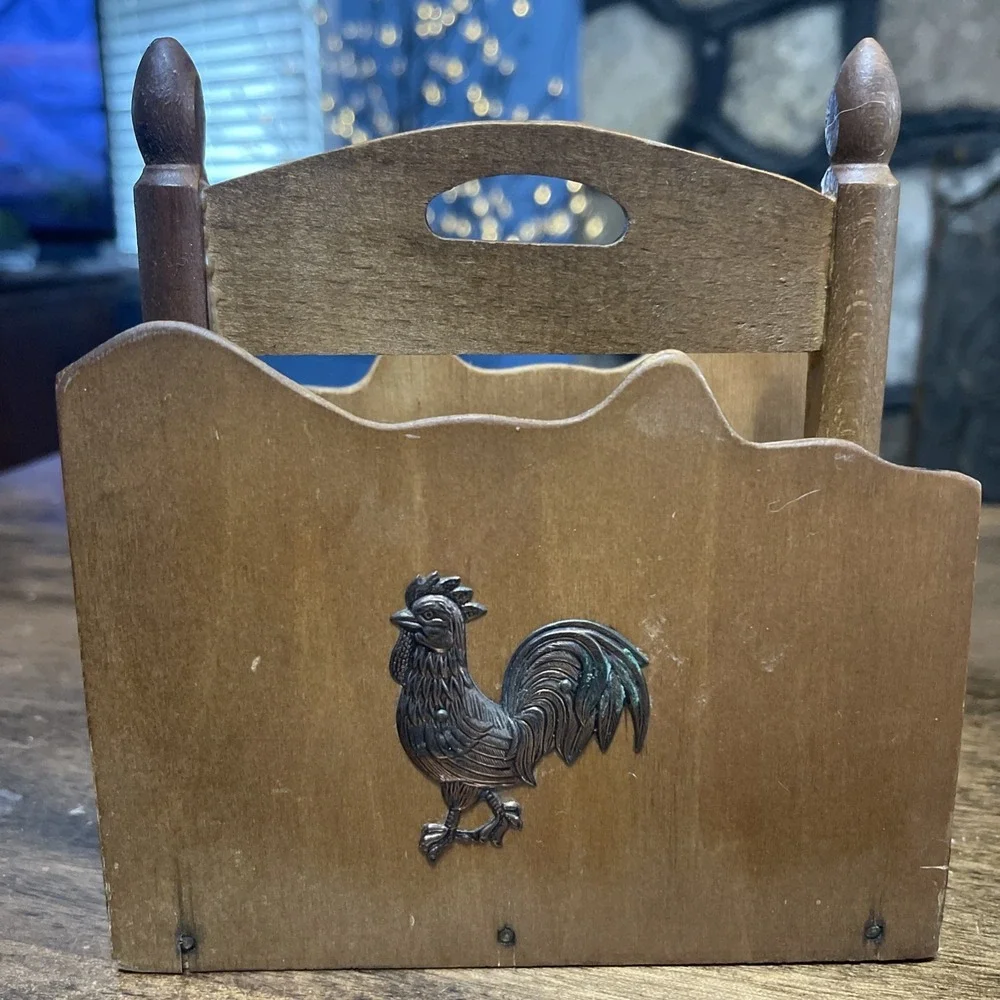 Vintage Rooster Chicken Metal and Wood Letter Or Napkin Holder Farm Country